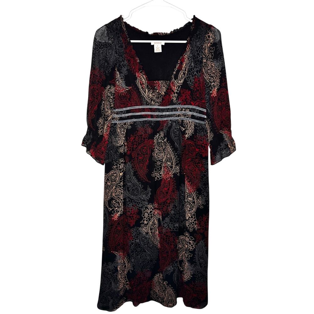 Sundance Black Paisley Print Silk Midi Dress w/ Velvet Ribbon Waistband 2
